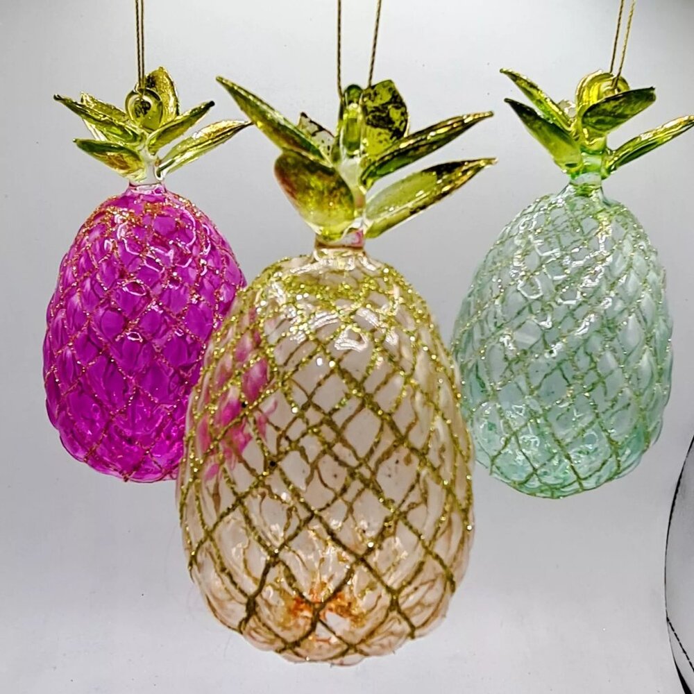 Yellow Pink Green Pineapple 5.5" Glass Ornament Set 3 Beach Coastal Christmas